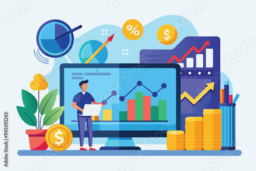 A person studies stock trends on a computer, showing fluctuating graphs and currency symbols Stock market analysis shows a trending and flat illustration.