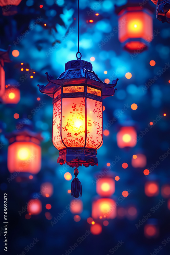 A bunch of red lanterns hanging from a tree in the dark A bunch of red lanterns hanging from a tree in the dark