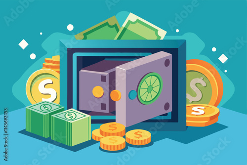 A safe stands open, revealing stacks of cash and coins, symbolizing secure storage for money Store money in the safe, flat picture.