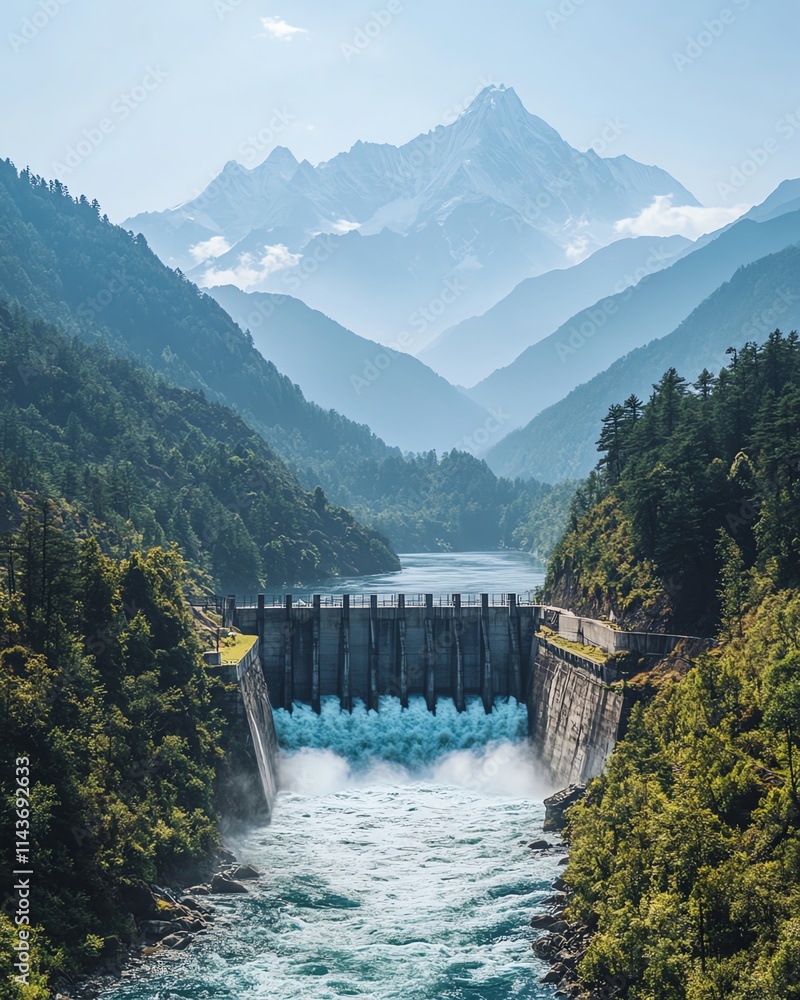 A captivating landscape of a hydroelectric dam with water flowing powerfully, nestled in a valley of lush green trees, with majestic mountains and a clear sky above A captivating landscape of a hydroelectric dam with water flowing powerfully, nestled in a valley of lush green trees, with majestic mountains and a clear sky above