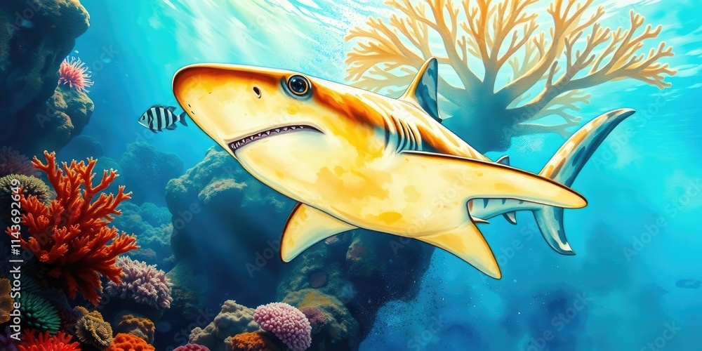 Naklejka premium A delightful shark swims gracefully through a lively coral reef, surrounded by a variety of colorful fish and marine life