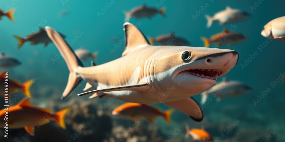 Naklejka premium In a lively underwater ecosystem, a charming baby shark glides gracefully amidst schools of colorful fish, showcasing the beauty of marine life