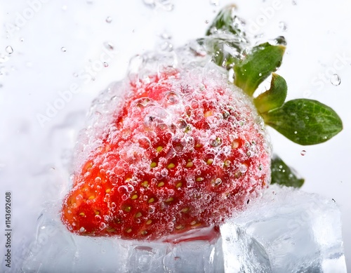 Strawberry in Water with Ice Cubes