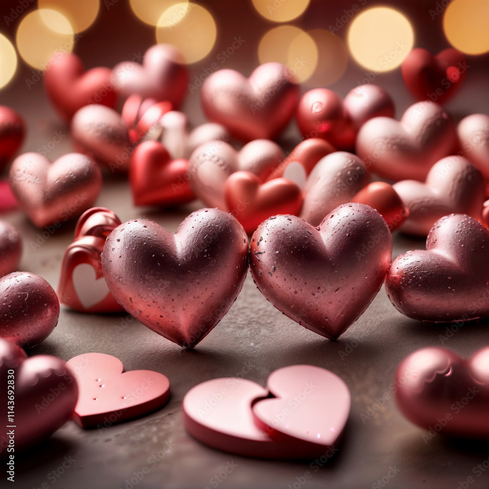 Obraz premium The image features a collection of red and pink heart-shaped objects scattered on a dark surface. The hearts vary in size and are surrounded by warm, blurred lights, creating a romantic and affectiona