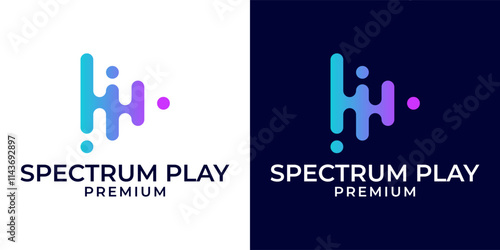 Audio play logo design vector. Play icon with audio spectrum wave logo template. Play audio equalizer logo. Logo design of audio, video, play, spectrum, wave in colorful modern style.