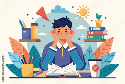 A student appears stressed while studying at a cluttered desk with books and study materials around Student stress illustration, customizable and semi-flat.
