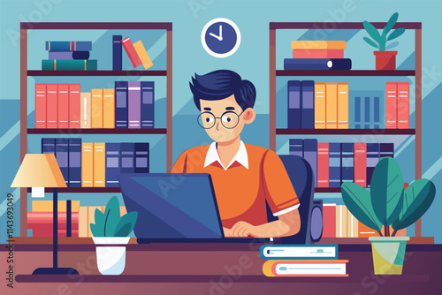 A student is engaged in studying at a library desk with a laptop and surrounded by books and plants Student studying in library with laptop, flat illustration