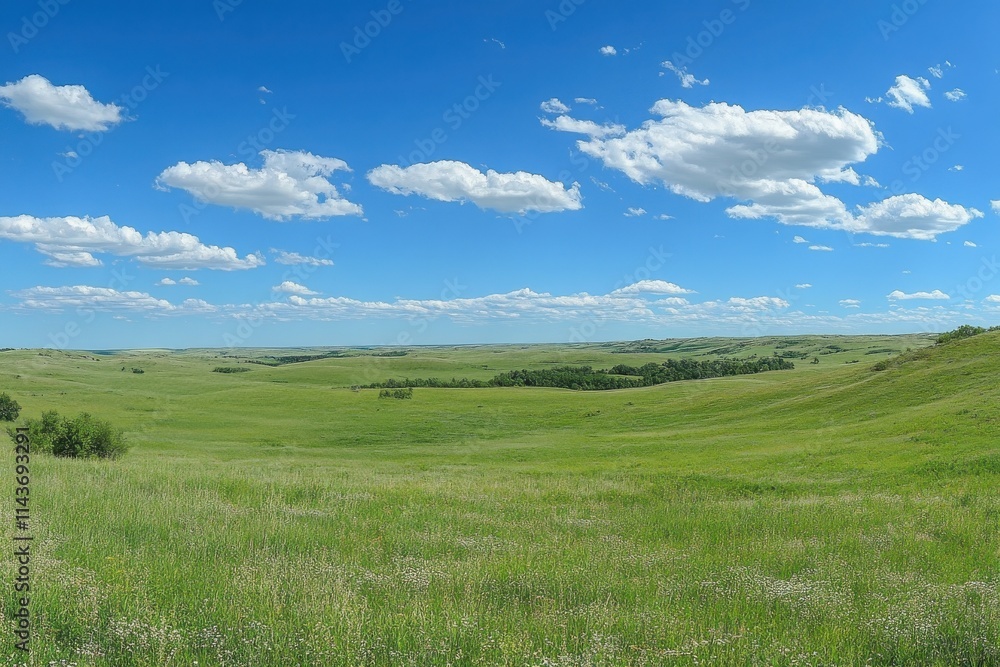 Expansive green field, rolling hills, vibrant grass, blue sky, fluffy white clouds, distant treeline Expansive green field, rolling hills, vibrant grass, blue sky, fluffy white clouds, distant treeline