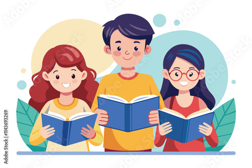 Three students happily read their books together in a bright classroom, sharing the joy of learning Students reading a book, simple drawing