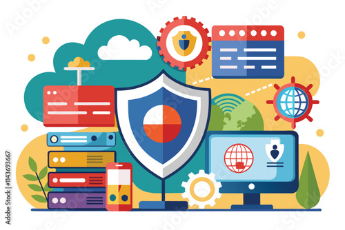 This artwork depicts the study of SSL technology, featuring security shields, servers, and network elements Study of SSL technology, illustrated in a flat style.