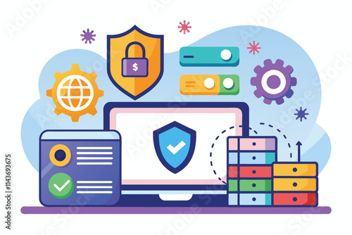 This artwork visually represents the study of SSL technology with security icons and digital elements Study of SSL technology, illustrated in a flat style.