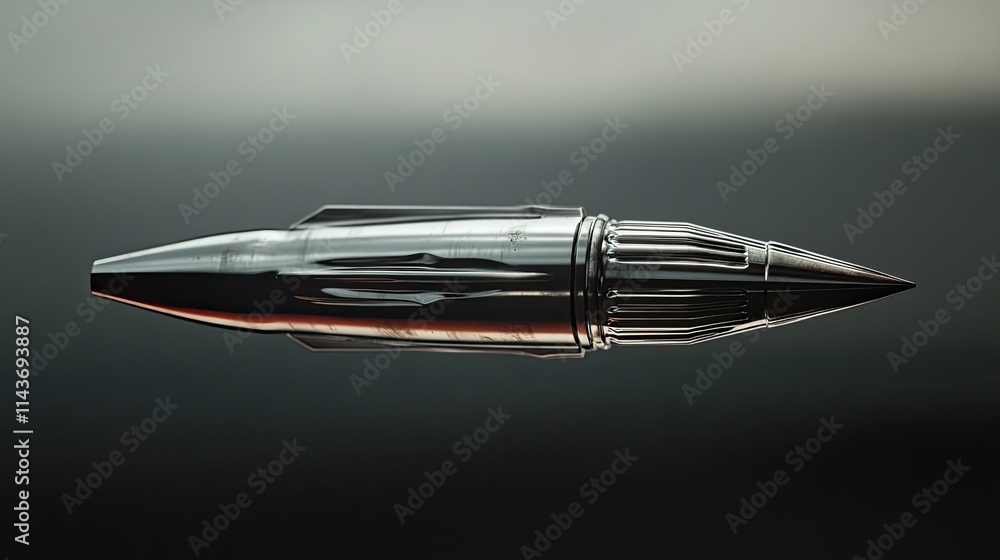 A bullet frozen in mid-air, showcasing its aerodynamic design and metallic gleam. A bullet frozen in mid-air, showcasing its aerodynamic design and metallic gleam.