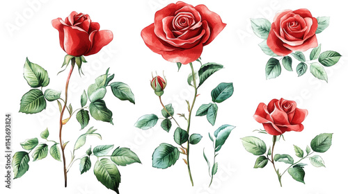 watercolor illustration of red roses with green leaves