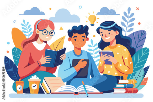 A group of friends engage in a study session, immersed in their books and enjoying the calm atmosphere Study with friends is a popular trend, shown in a simple illustration.