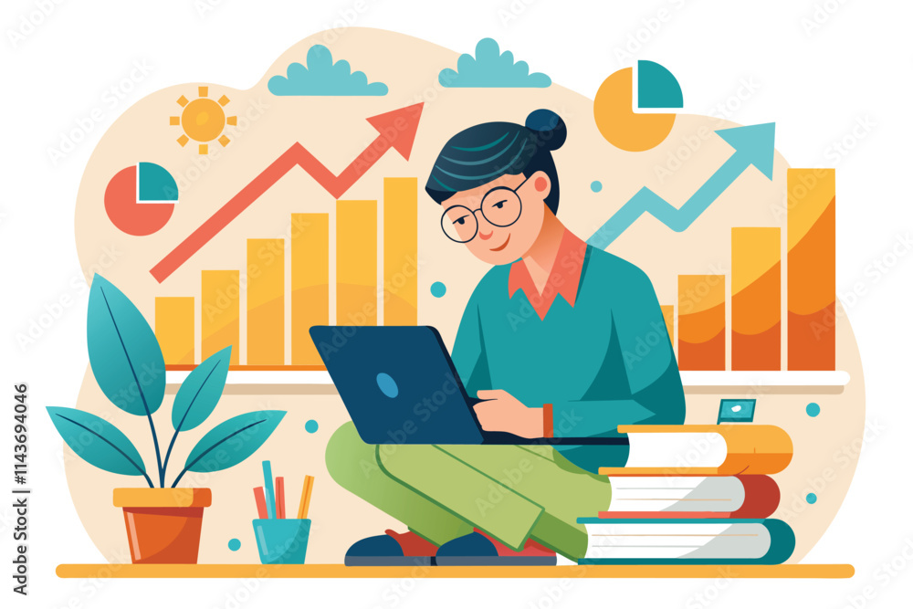 A person is studying growth charts and analyzing data using a laptop surrounded by books and stationery Studying growth charts, flat drawing A person is studying growth charts and analyzing data using a laptop surrounded by books and stationery Studying growth charts, flat drawing