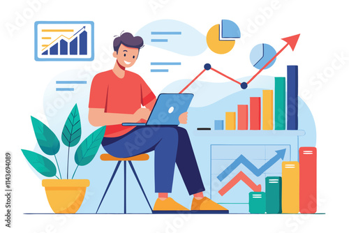 A student studies growth charts and analyzes data trends on a laptop while seated at a desk Studying growth charts, flat drawing