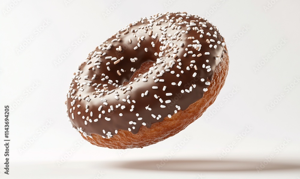A chocolate-covered donut with sprinkles floating against a white background. A chocolate-covered donut with sprinkles floating against a white background.