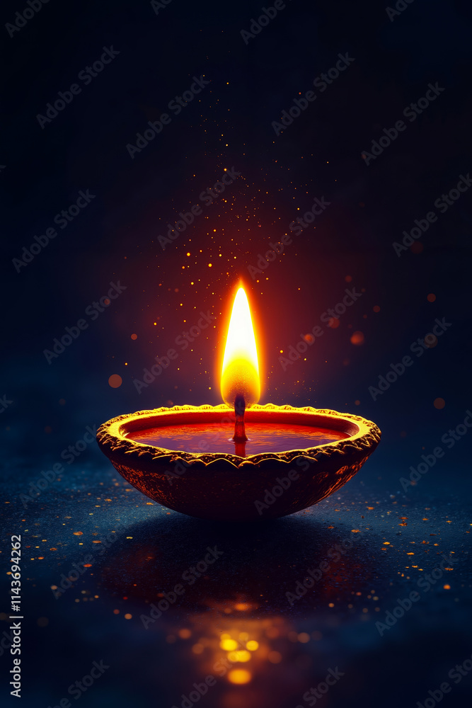 A lit diya on a dark blue background A lit diya on a dark blue background