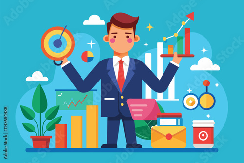 A confident leader holds charts and graphs while analyzing performance metrics in a vibrant office setting Successful leader with chart analysis, illustrated in a flat style.