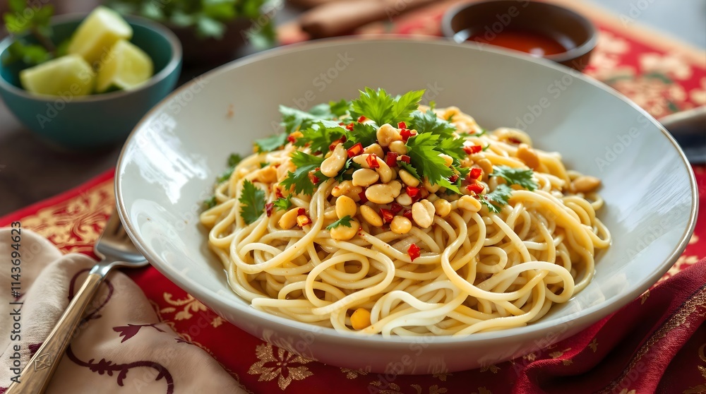 Mee Kati Rice Noodles with Coconut Milk Sauce and Peanuts (Laotian Cuisine) Mee Kati Rice Noodles with Coconut Milk Sauce and Peanuts (Laotian Cuisine)