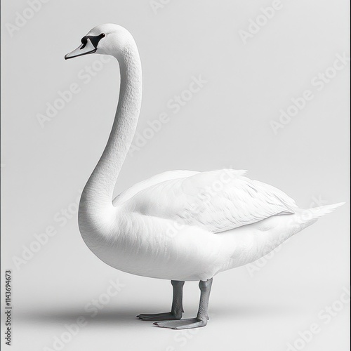 A white swan stands elegantly against a minimalist background. photo