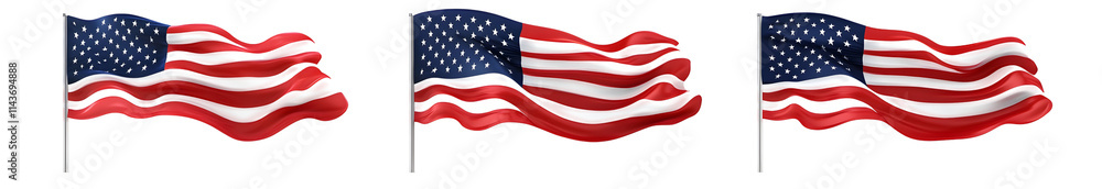 Obraz premium Waving American Flags, Isolated on White Background, 3D Render, Transparent Background