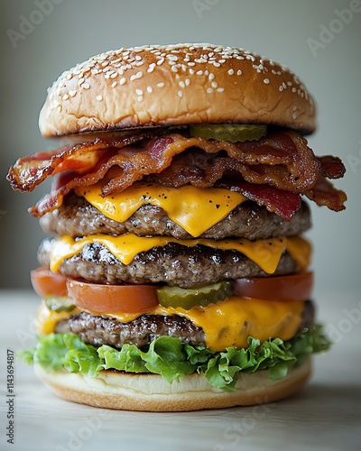 A stacked cheeseburger with crispy bacon, crisp lettuce, and a perfectly grilled sesame seed bun, droolworthy closeup, studio setting photo