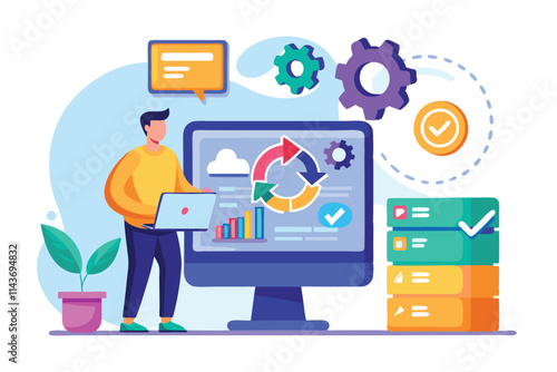 A user syncs and installs software on a laptop while analyzing data with colorful graphs and icons Sync and install software with a flat illustration.