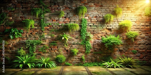 Lush Greenery Cascading Down a Rustic Brick Wall in Sunlight