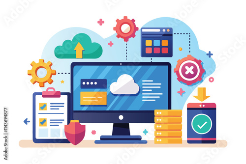 A vibrant, flat illustration shows synchronization and installation software with devices and cloud icons Sync and install software with a flat illustration.