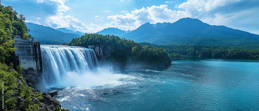 A stunning view of a large dam with powerful water flowing, surrounded by lush green forests and majestic mountains under a crystalclear blue sky A stunning view of a large dam with powerful water flowing, surrounded by lush green forests and majestic mountains under a crystalclear blue sky