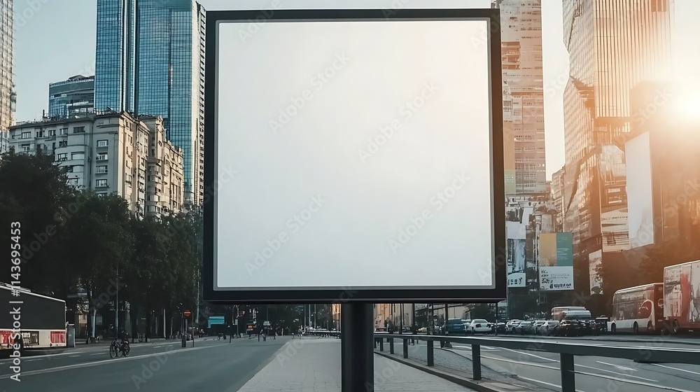 Blank white billboard on an urban street, perfect for advertising, marketing campaigns, or promotional purposes. Blank white billboard on an urban street, perfect for advertising, marketing campaigns, or promotional purposes.