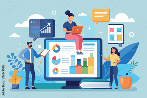 A team engages in a virtual business training session with charts and graphs displayed on a large tablet Tablet screen business training, flat illustration.