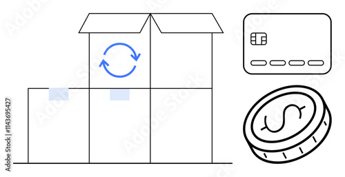 Open shipping boxes, credit card, and coin with dollar symbol. Ideal for e-commerce, shipping, online payment, retail, delivery services finance shopping. Line metaphor