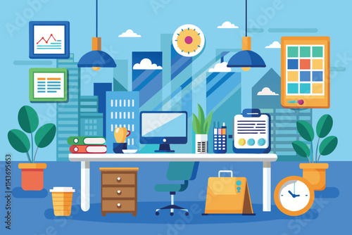 A vibrant workspace with a computer, stationery, and plants, set against a city skyline during the day Targeting business work, flat illustration.