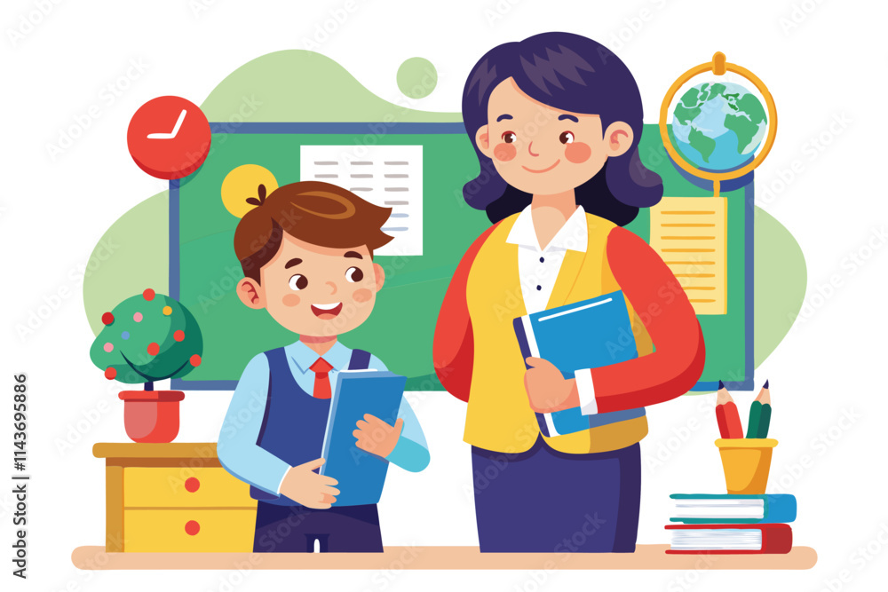 A teacher helps her student with schoolwork while they both smile in a cheerful classroom setting Teacher and student illustration that can be customized. A teacher helps her student with schoolwork while they both smile in a cheerful classroom setting Teacher and student illustration that can be customized.