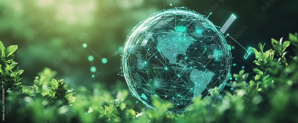 A digital globe surrounded by greenery, symbolizing technology and environmental connection. A digital globe surrounded by greenery, symbolizing technology and environmental connection.