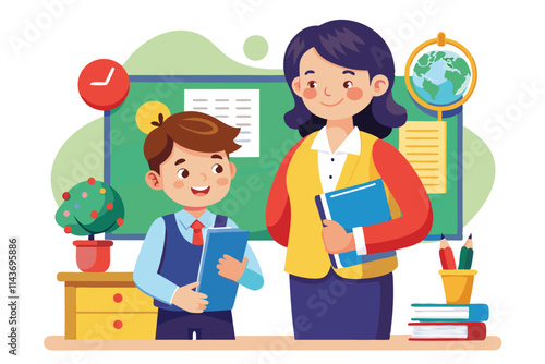 A teacher helps her student with schoolwork while they both smile in a cheerful classroom setting Teacher and student illustration that can be customized.