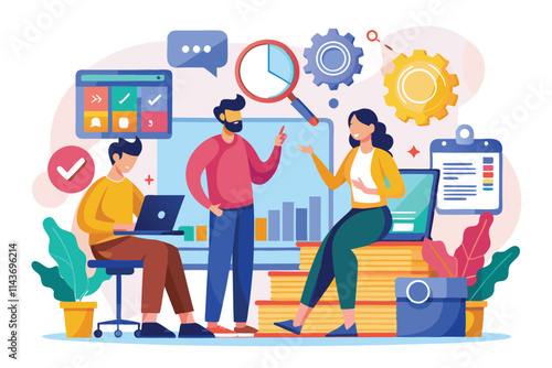 A group collaborates around digital tools to analyze company data and devise solutions for improvement Team analyzes company information to solve problems using a flat illustration.
