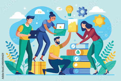 A group of teammates supports each other while working on a project with laptops and documents in a vibrant setting Teammates assist with work, flat Illustration