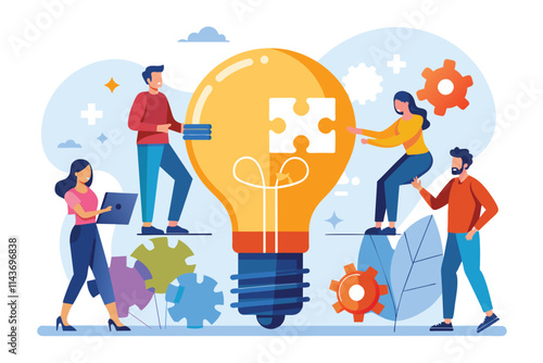 A diverse team collaboratively assembles a puzzle piece into a light bulb, symbolizing innovative solutions Teamwork connecting light bulb puzzle for solving business problems.