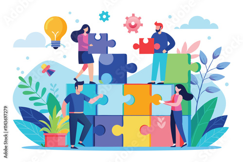 Groups of people collaborate to fit puzzle pieces together in a vibrant and engaging outdoor setting Teamwork puzzle with flat illustration.
