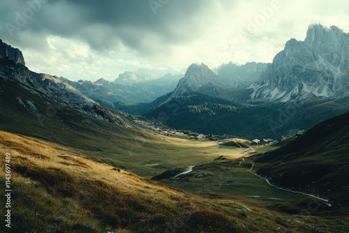 Majestic Dolomites mountains jagged peaks lush green valley autumn colors alpine meadow