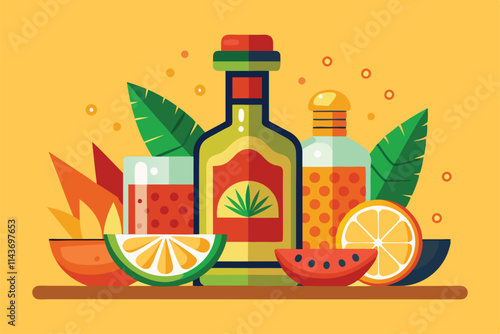 A captivating illustration featuring tequila bottles surrounded by fruit garnishes and colorful cocktails Tequila Illustration - Customizable & Semi Flat