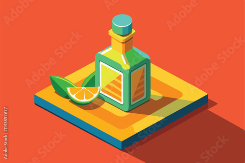 A vibrant tequila bottle is depicted alongside a slice of lime on a bold, colorful surface Tequila illustration that can be customized in isometric style.
