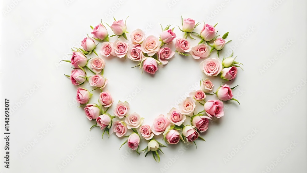 Heart Shaped Floral Arrangement of Delicate Pink Roses on White Background Heart Shaped Floral Arrangement of Delicate Pink Roses on White Background