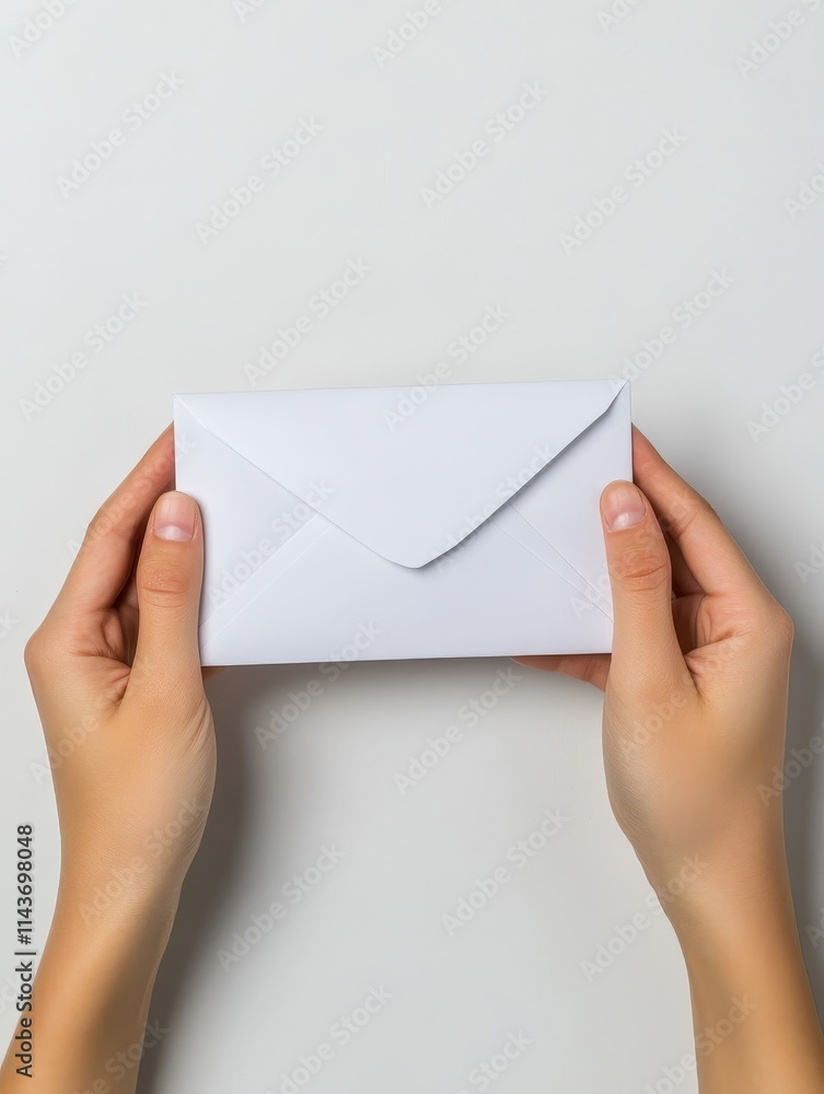 Fototapeta premium Sending a letter hands holding a white envelope indoor setting close-up view communication concept