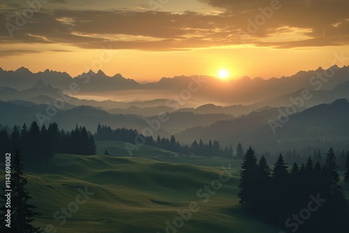 Majestic mountain landscape golden sunset, rolling green hills lush meadow, pine forest silhouette