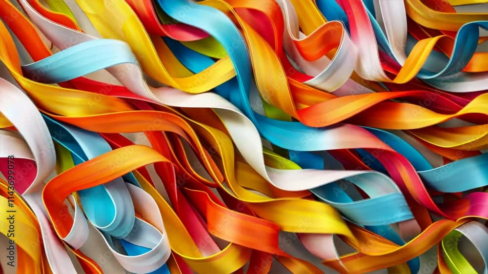 Colorful ribbons in vibrant hues create dynamic background with flowing patterns of orange, blue, yellow, and white, evoking joy and creativity in every frame. Colorful ribbons in vibrant hues create dynamic background with flowing patterns of orange, blue, yellow, and white, evoking joy and creativity in every frame.