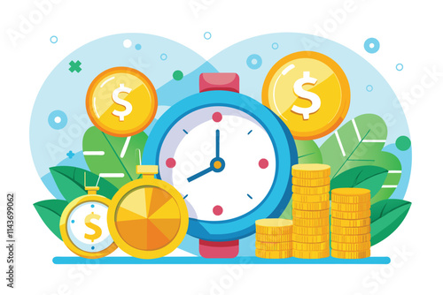 A vibrant illustration shows clocks and coins among plants, symbolizing the connection between time and money Time equals money, depicted in a flat illustration.